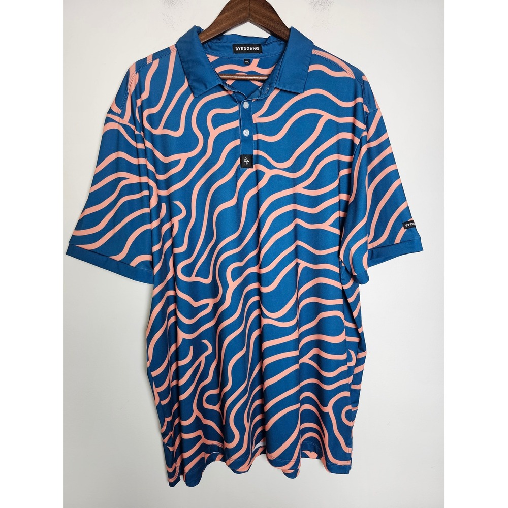 [Golfcore] BYRDGANG Polo Shirt Mens 3XL Blue Pink Abstract Wavy Performance Tee